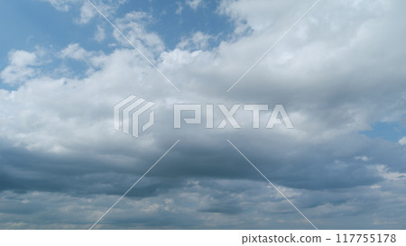 Sky before storm. Stormy cloudy sky wide panorama. Storm cloudy dramatic sky with dark rain grey cumulus cloud and blue sky. Timelapse. Sky before storm. Stormy cloudy sky wide panorama. Storm cloudy dramatic sky with dark rain grey cumulus cloud and blue sky. Timelapse. 117755178
