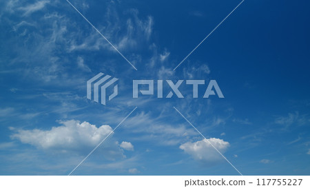 Floating fluffy clouds. Beautiful sunny blue sky with wispy smoky white cumulus and cirrus on different layers. Timelapse. 117755227
