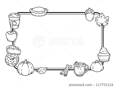 Autumn items and food card. Happy Thanksgiving Day and Halloween traditional symbols. 117755228