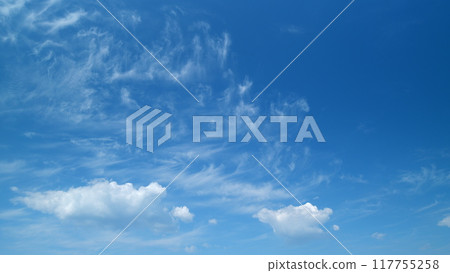 Beautiful blue sky with cumulus and cirrus on different layers clouds background. Sky with clouds weather nature cloud blue. Timelapse. Beautiful blue sky with cumulus and cirrus on different layers clouds background. Sky with clouds weather nature cloud blue. Timelapse. 117755258