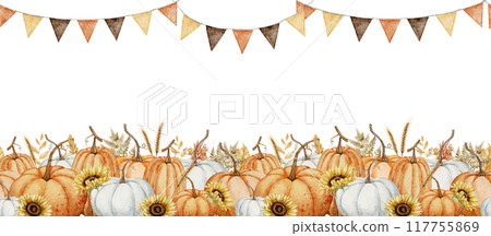 Pumpkin Banner watercolor illustration. Drawing of autumn frame with garlands and guards on isolated background for Harvest festival or Halloween greeting cards. Border with fall leaves with pennants. 117755869