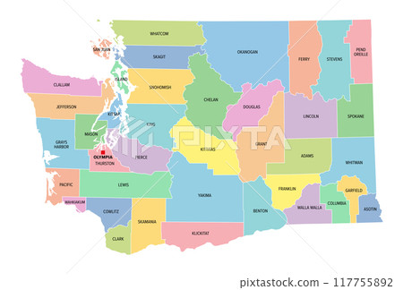 Washington, U.S. state, multi colored political map with borders, county names and capital Olympia. Westernmost state in the Pacific Northwest region of the United States, subdivided into 39 counties. Washington, U.S. state, multi colored political map with borders, county names and capital Olympia. Westernmost state in the Pacific Northwest region of the United States, subdivided into 39 counties. 117755892