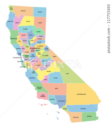 California, U.S. state, multi colored political map with borders, county names and its capital Sacramento. State in the Western United States on the Pacific Coast, subdivided into 58 counties. California, U.S. state, multi colored political map with borders, county names and its capital Sacramento. State in the Western United States on the Pacific Coast, subdivided into 58 counties. 117755893