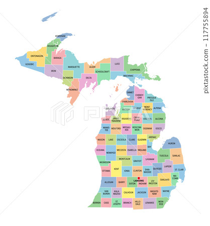 Michigan, U.S. state, multi colored political map with borders, county names and capital Lansing. State in the Great Lakes region of the Upper Midwest of the United States, subdivided into 83 counties Michigan, U.S. state, multi colored political map with borders, county names and capital Lansing. State in the Great Lakes region of the Upper Midwest of the United States, subdivided into 83 counties 117755894