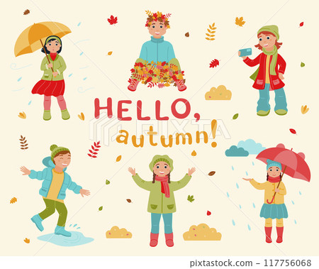 A set of children walking outside in autumn. Girls and boys are playing with falling leaves. Leaf fall. The autumn season. Hello, autumn! Vector illustration in a flat style on a white background. A set of children walking outside in autumn. Girls and boys are playing with falling leaves. Leaf fall. The autumn season. Hello, autumn! Vector illustration in a flat style on a white background. 117756068