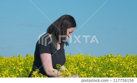 Happy Adult Beautiful Brunette Woman Standing Along A Rapeseed Field And Touches Flowers. Joyful Farmer Amidst Ripening Rapeseed Fields. 117756156