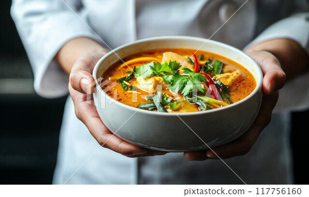 Chef holding a bowl of Thai soup, traditional dish, dark background with copy space 117756160