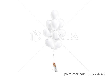 Hand holding blank white pear balloon bouquet mockup, isolated Hand holding blank white pear balloon bouquet mockup, isolated 117756322
