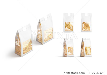 Blank white transparent pack with fusilli and penne pasta mockup Blank white transparent pack with fusilli and penne pasta mockup 117756323