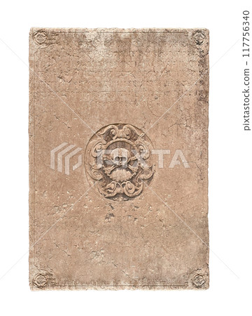 Old medieval tombstone with carved skull with crossbones isolated on white background Old medieval tombstone with carved skull with crossbones isolated on white background 117756340