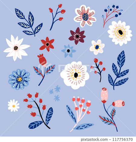Christmas folk art floral motifs, hand drawn flowers and berries on branch, pastel blue, pink and white design elements for greeting cards and banners Christmas folk art floral motifs, hand drawn flowers and berries on branch, pastel blue, pink and white design elements for greeting cards and banners 117756370