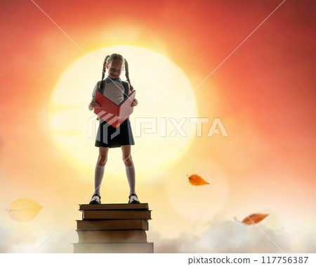 child on the tower of books 117756387