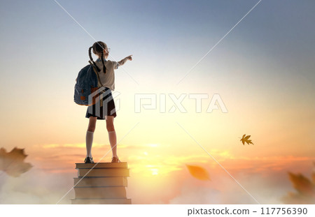child on the tower of books 117756390