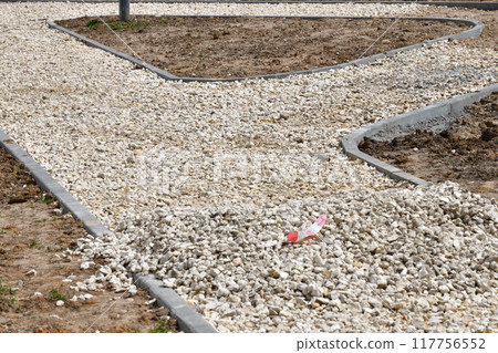 Construction of sidewalks from crushed stone and curbstone, Russia Construction of sidewalks from crushed stone and curbstone, Russia 117756552