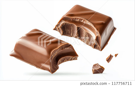 Chocolate bar broken into two pieces, isolated on white background with clipping path, package design element 117756711