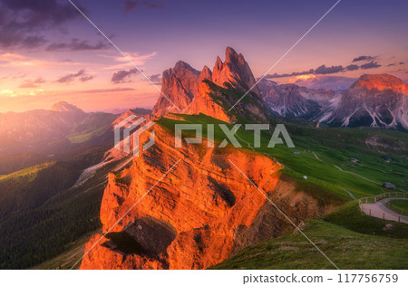 Seceda mountain at beautiful sunset in summer in Dolomites, Italy Seceda mountain at beautiful sunset in summer in Dolomites, Italy 117756759