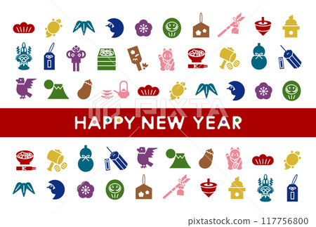 New Year's card illustration of Japanese New Year's lucky icons (colorful) New Year's card illustration of Japanese New Year's lucky icons (colorful) 117756800