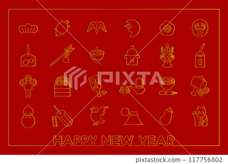 日本新年幸運符圖示的新年賀卡插圖（紅色背景） 117756802
