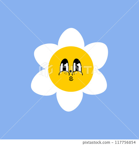 Daisy flower with cartoon funny smiling face, chamomile character. Cute camomile happy emotion. Kids logo design with daisies. Illustration of smile floral flower, bloom camomile Daisy flower with cartoon funny smiling face, chamomile character. Cute camomile happy emotion. Kids logo design with daisies. Illustration of smile floral flower, bloom camomile 117756854