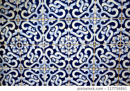 Azulejo - Traditional Tiles on Walls of Portuguese Buildings in Porto, Portugal. 117756881