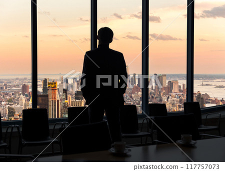 Back view of a businessman looking through window before meeting in New York City Back view of a businessman looking through window before meeting in New York City 117757073