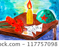 Water color drawing of letters from war, a medal and helmet 117757098