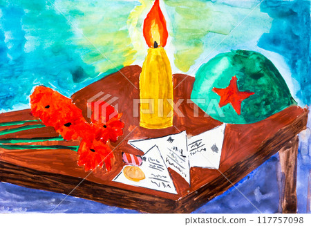 Water color drawing of letters from war, a medal and helmet 117757098