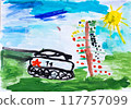 Watercolor drawing of a tank and sun 117757099