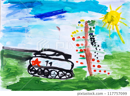 Watercolor drawing of a tank and sun 117757099