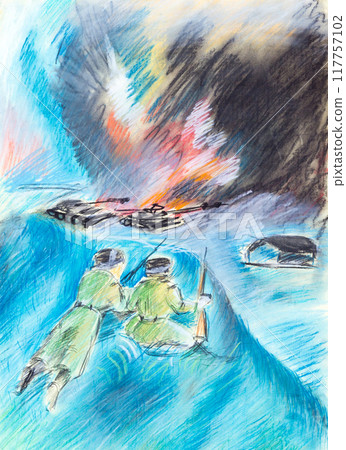 Pastel drawing of war scene Pastel drawing of war scene 117757102