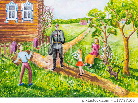 Drawing of a soldier comming home after war Drawing of a soldier comming home after war 117757106