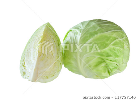 Whole and cut in quarter green cabbage isolated on white background. Whole and cut in quarter green cabbage isolated on white background. 117757140