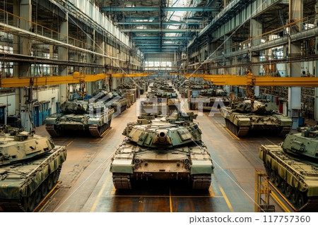 Rows of tanks in a massive industrial facility showcase the scale of military vehicle production, with overhead cranes and complex manufacturing infrastructure visible 117757360