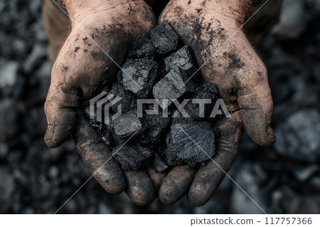 Coal pieces cradled in rough, coal-stained hands, illustrating the raw product of coal mining and the physical nature of the work 117757366