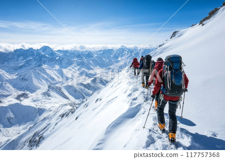A line of climbers on a snow-covered slope with an expansive view of a dramatic mountain range stretching to the horizon under a clear blue sky 117757368