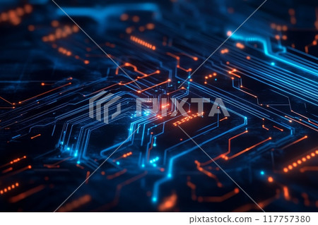 Abstract close-up of a futuristic circuit board with glowing blue and orange lines, representing advanced technology and data connections Abstract close-up of a futuristic circuit board with glowing blue and orange lines, representing advanced technology and data connections 117757380