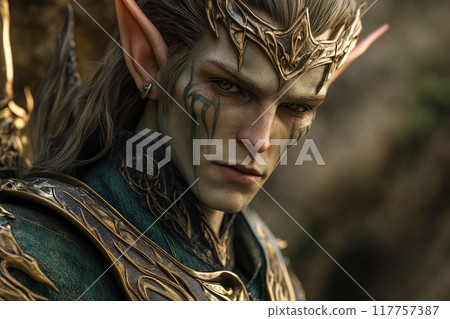 Close-up portrait of a noble elven warrior with intricate golden crown, facial tattoos, and ornate armor, showcasing fantasy character design against a blurred background 117757387
