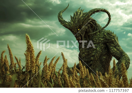 A menacing plant-like monster emerges from a wheat field, its body composed of leaves and branches, with glowing yellow eyes against a stormy sky A menacing plant-like monster emerges from a wheat field, its body composed of leaves and branches, with glowing yellow eyes against a stormy sky 117757397