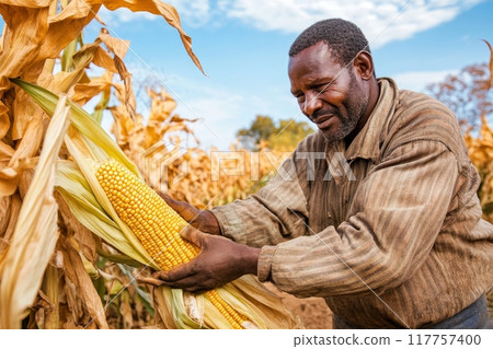 An African farmer in work clothes examines a ripe ear of corn in a sunny field, symbolizing agricultural productivity and food security in rural Africa 117757400