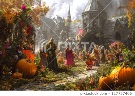 Fantastical autumn scene with colorful flowers, pumpkins, and people in medieval-style clothing gathering near a Gothic cathedral, depicting a magical harvest celebration Fantastical autumn scene with colorful flowers, pumpkins, and people in medieval-style clothing gathering near a Gothic cathedral, depicting a magical harvest celebration 117757406