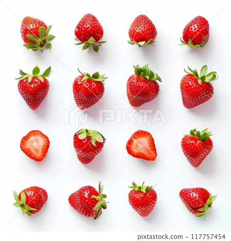 Fresh strawberries arranged on a white background, some whole and others sliced, showcasing their vibrant red color. 117757454