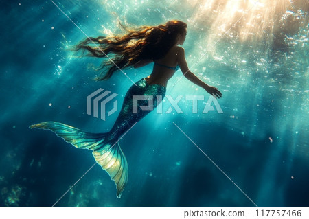 Enchanting mermaid figure swimming towards sunbeams piercing through crystal clear waters, her tail glistening in the golden light 117757466