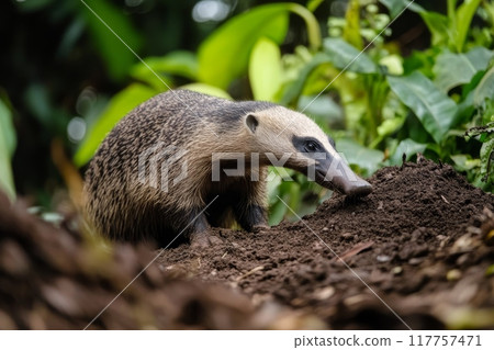 A coati with its distinctive long snout explores the forest floor, surrounded by lush green vegetation and rich soil 117757471