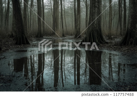 Misty scene of a cypress swamp with gnarly tree roots and trunks reflected in still water, creating a moody and primeval atmosphere in muted tones 117757488
