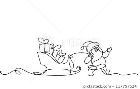 Little Santa carrying sleigh with gifts boxes. Continuous one line drawing. 117757524