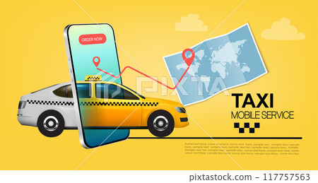 Taxi service concept. Yellow taxi car driving to the call place and hand holding smartphone with taxi service mobile app or ordering taxi online. 117757563