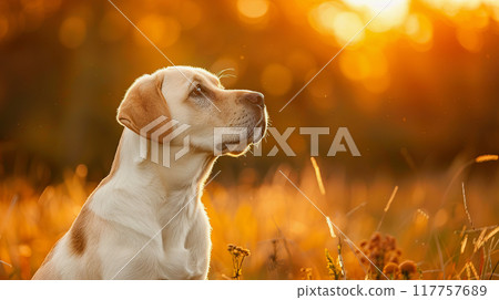 A calm Labrador retriever enjoying a sunset in a tranquil field during golden hour 117757689