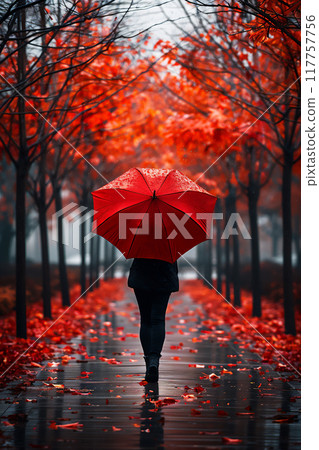 Woman holding umbrella walking through an empty park with vivid red under rainy sky. Autumn melancholy vibe concept. 117757756