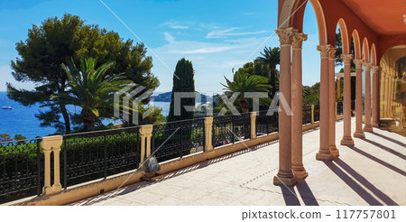 Part of old Villa de Ephrussi of Rothscild  and amazing view on Coastline of Cap Ferrat  and yachts anchored 117757801