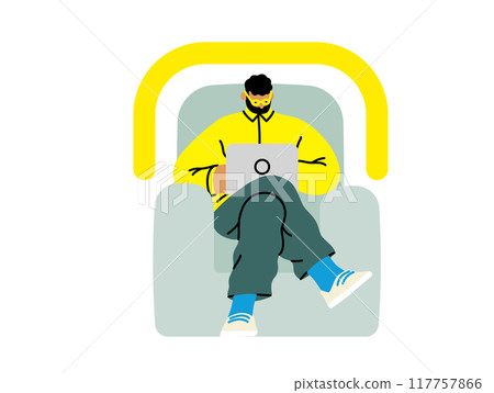 Creative workspace, modern flat vector concept illustration of a man working sitting on the armchair with a computer Remote work, flexibility, independence, efficiency, mobility, synergy, freedom Creative workspace, modern flat vector concept illustration of a man working sitting on the armchair with a computer Remote work, flexibility, independence, efficiency, mobility, synergy, freedom 117757866